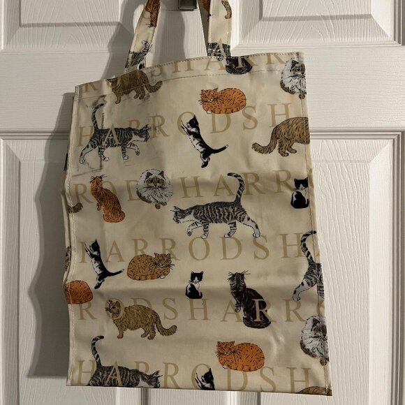 HARRODS CAT PRINT PVC COATED SHOPPING TOTE BAG - Picture 2 of 5
